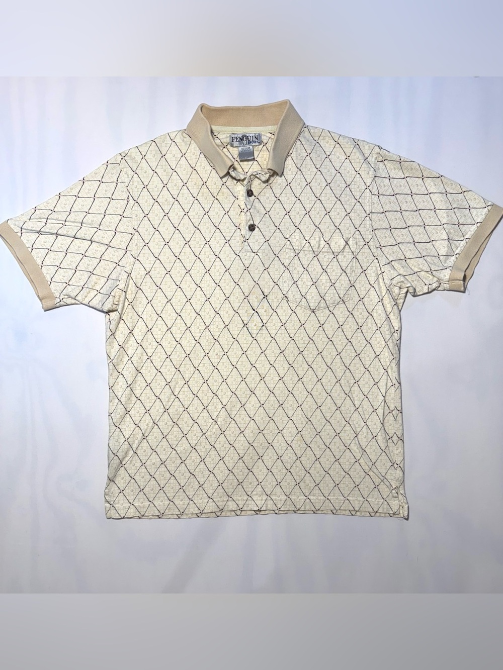 Penguin Sport Polo Shirt Golf Club Print Beige Retro Y2K Mens M